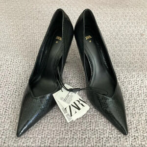 ZARA Sz 37 Animal Croc Pattern Print 3.5” Heel Pointy Toe Cap Pumps Shoes